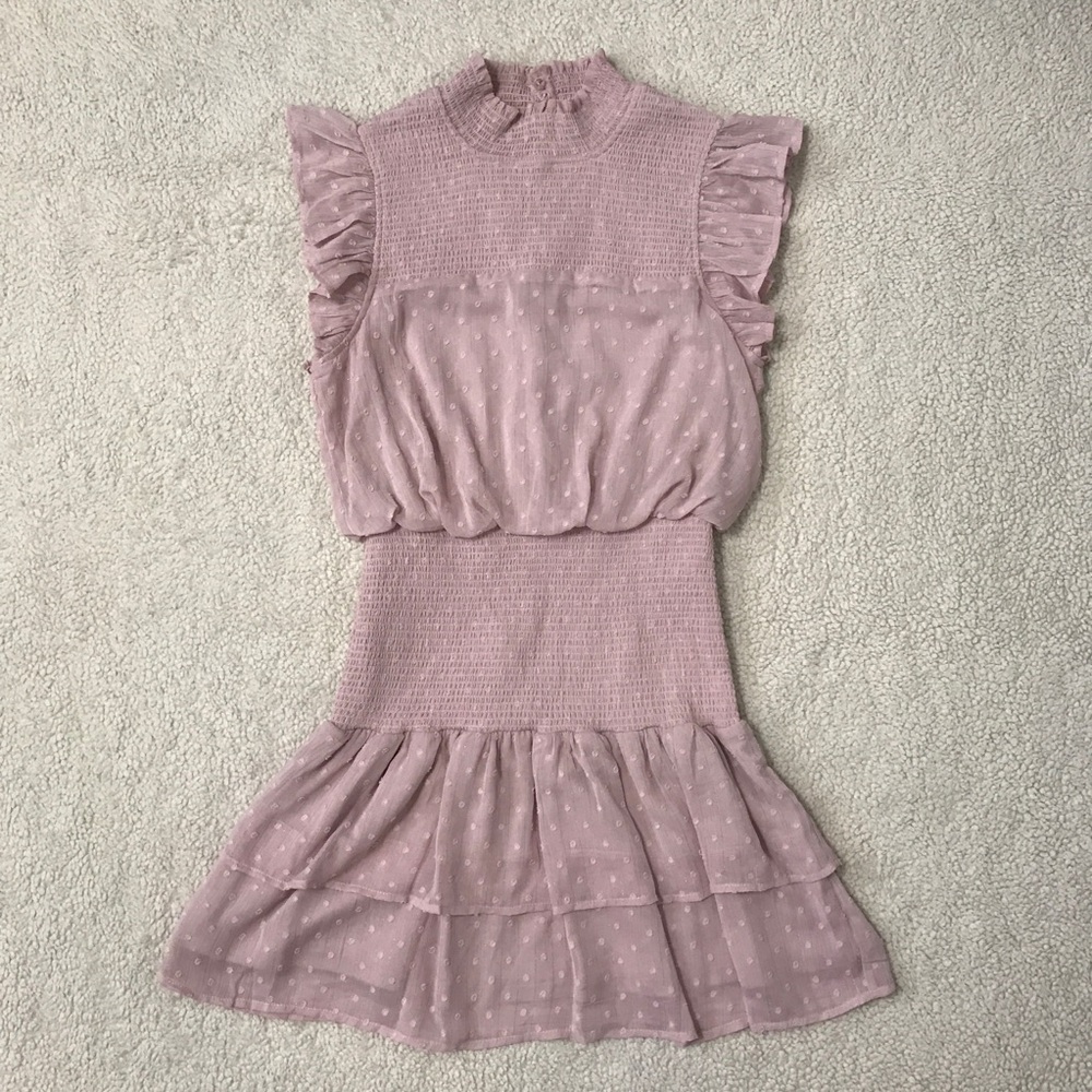 SOLD Aqua Mini Dress Flutter Sleeve Ruffle Smocked Pink Purple Pit to Pit 18โ ๐จ - Picture 2 of 14